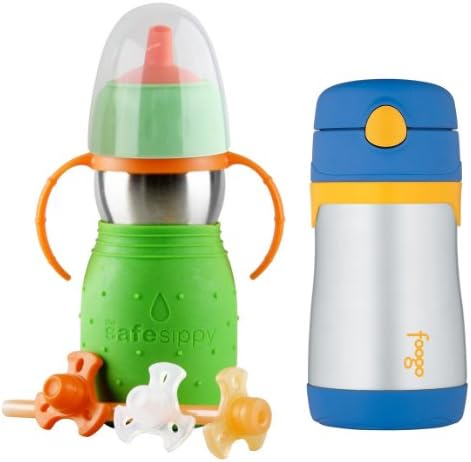 The Safe Sippy 2 2-in-1 Sippy to Straw 11oz Bottle, Green with Thermos Foogo 10oz Straw Bottle, Blue
