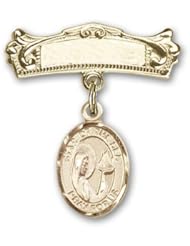 14K Gold Baby Badge with Our Lady Star of the Sea Charm and Arched Polished Badge Pin