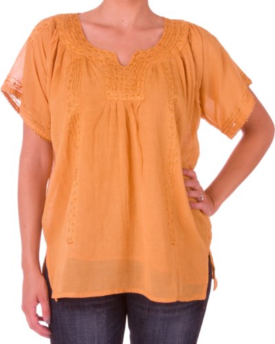 Sakkas Embroidered 100% Cotton Semi-Sheer Short Sleeve Gauzy Top / Blouse