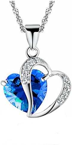 JAY AHR Women's Heart Pendant Necklace Sea Bule Crystal Silver Plated Chain