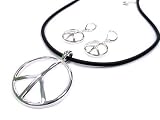 Gorgeous Large Peace Charm Necklace & Earrings Set on Black Cord Silver Tone