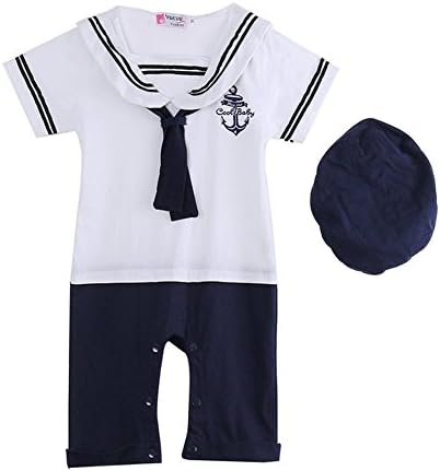 Carrillos Baby Anchor Sailor Navy Striped Romper &amp;Hat Outfit,White,12-18M,Tag:90