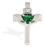 14K White Gold Heart Created Emerald and Diamond Celtic Claddagh Pendant