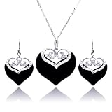 Nickel Free Sterling Silver Necklace & Earring Sets Double CZ Heart Onyx Set Pendant Length: 30.9mm Width: 32.28mm Earring Length: 22.3mm Width: 2.2mm Adjustable Chain Included
