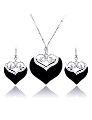 Nickel Free Sterling Silver Necklace & Earring Sets Double CZ Heart Onyx Set Pendant Length: 30.9mm Width: 32.28mm Earring Length: 22.3mm Width: 2.2mm Adjustable Chain Included