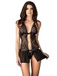 Sexy Sheer Black Halter Babydoll Set with Matching Thong Floral Lace and Chiffon S M or L