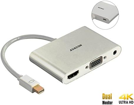 4K Mini Dp Display port 1.2(Thunderbolt) to HDMI VGA Splitter and Adapter, Avacon Mini Dp DisplayPort to HDMI VGA Converter with Aluminium Case for Apple iMac and MacBook (L51G) Surface Pro