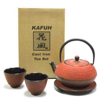 4 piece Cast Iron Tea Set w/ Trivet (Red)