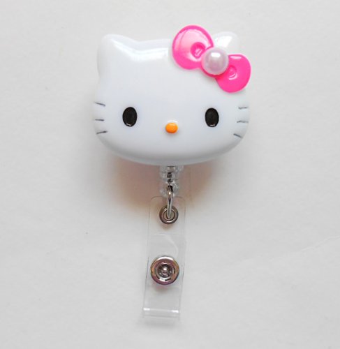 LOVEKITTY - 3D Pearl Hot Pink Bow Kitty Rhinestone Badge Reel / Name Badges / ID Badge Holder