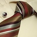 S3032 Designer Hand Made Brown Silver Stripes Necktie Cufflinks Set Ties for Men Jacquard Woven Pure Silk Mens Tie and Cuff Links Gift Tie Set
