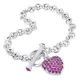 Sterling Silver Created Ruby & CZ Heart Bracelet - Size 7.5