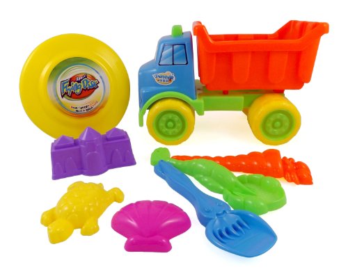 Beach Dump Truck with Frisbee - 8pc Sand Toys Set for Kids