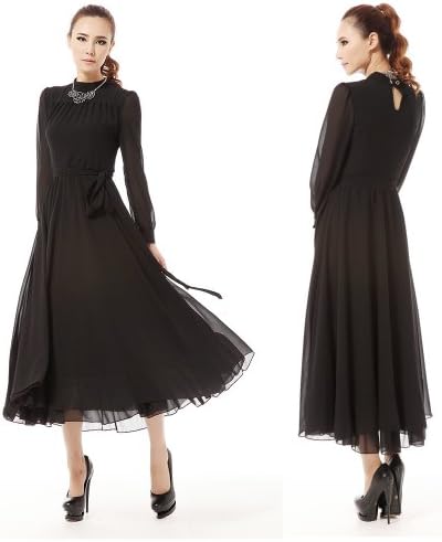 Bohemian Elegant Black Long Sleeve Chiffon Maxi Dresses For Women Evening (S)
