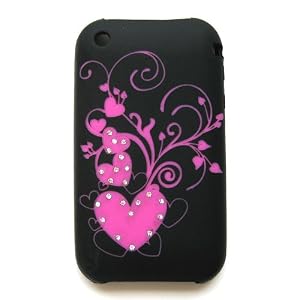 Apple iPhone 3G & 3GS Laser Skin Case Rubber Silicone Protector Image Cover With Diamonds Pink Hearts