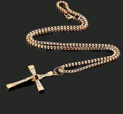 Fast and Furious Vin Diesel Toretto's Gold Cross Pendant Necklace Rhinestone