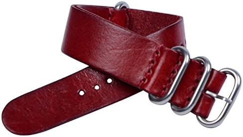 20mm Nato Style Leather Interchangeable Watch Strap Band Silver Stainless Steel Buckle (Red)