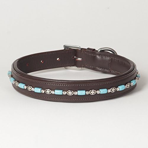 Large Genuine Leather Beaded Padded Rhinestone Decorated "Papillon" Dog Collar, Fits 17" - 21" Neck size