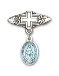 Sterling Silver Baby Badge with Blue Miraculous Charm and Badge Pin with Cross