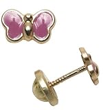 14k Yellow Gold Pink Enamel Butterfly Earrings