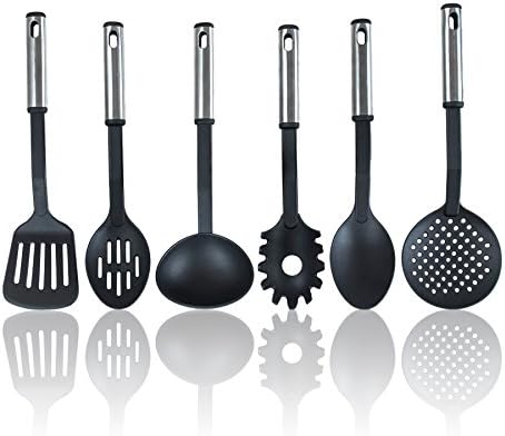 6 Pc Kitchen Cooking Utensils Set, Heat Resistant cooking Tools Sets, Nylon Cookware Gadgets with Stainless Steel Handles - Soup Ladle, Slotted Spoon, Slotted Turner, Solid Spoon and Pasta Fork