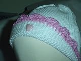 Ht7w.rs, Knitted White Chenille Infant Hat Trimmed By Hand Crochet with Raspberry Chenille.