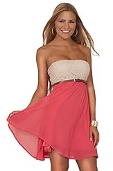 Junior Sophisticated Strapless Sleeveless Scoop Neck Empire   Waistline Fitted Belted Sheer Colorblocking Lace Asymmetric Chiffon/Satin Cocktail Mini Dress 