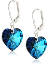 Sterling Silver Leverback Earrings with Bermuda Blue Swarovski Elements Heart Drop