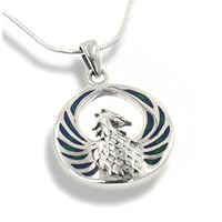 Blue Green Azurite Inlay Winged Fire Phoenix Sterling Silver Medallion Pendant with 18 Necklace