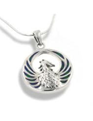 Blue Green Azurite Inlay Winged Fire Phoenix Sterling Silver Medallion Pendant with 18" Necklace