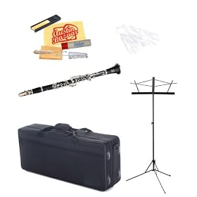 Barcelona Concert Series CS-1000 Clarinet with Case, Joint Grease, Polishing Cloth, Cork Grease, Duster Brush, Reed Holder, Reed Mouthpiece Brush, ID Tag, Clarinet Swab, Instructions, Music Stand, and Polishing Cloth - Grain Black