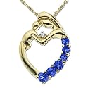 14k Yellow Gold Created Blue Sapphire Holding Diamond Mother and Child Pendant, 18"