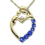 14k Yellow Gold Created Blue Sapphire and Diamond Mother and Child Pendant, 18"
