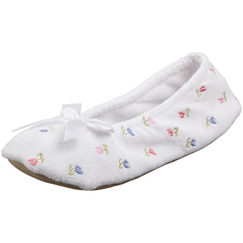 Isotoner Women's Embroidered Terry Ballerina (Medium - 6.5-7.5, White)