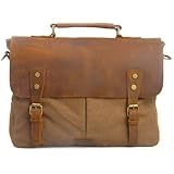 DesertWolf Cotton Canvas Genuine Crazy-horse Leather Cross Body Laptop Messenger Bag - Men Business Vintage Handbag / Briefcase - Fit 14 Inch Laptop
