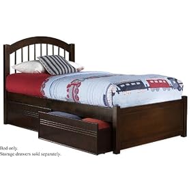 Twin Size Windsor Style Platform Bed with Flat Panel Footboard Antique Walnut Finish