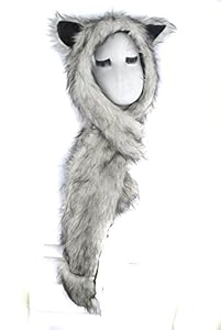 Husky Full Animal Hoodie Hat Faux FUR Beanie Scarf Paw Gloves Pockets