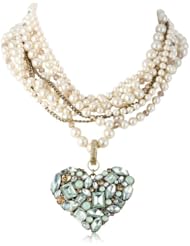 Betsey Johnson "Mint Multi" Faux Pearl Multi-Row Crystal Gem Cluster Heart Pendant Necklace, 22"
