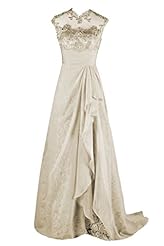High-Neck Chiffon Cap Sleeves Beaded Backless Lace Evening Dress/Mother-of-the-Bride Dress/Prom Dress/Wedding Dress  with a Brush/Sweep Train 