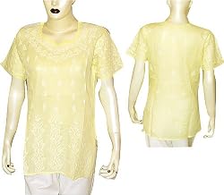 Womens Cotton Short Sleeve Top Shirt Blouse Chikan Embroidery Size L (ctop455)