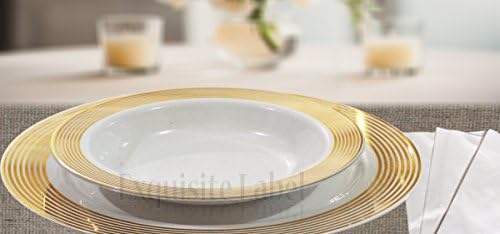 "Exquisite Label" White with Gold Heavyweight Plastic Elegant Disposable Plates, Wedding Party Elegant Dinnerware, Striped Collection (40, 12oz. Soup Bowls)