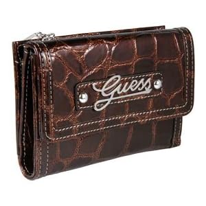 Buy Ladies Celeste Brown Shiny Synthetic Leather Tri-Fold Wallet: Brown Tri-Fold by GUESS