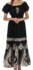 Full-Skirt Cotton/Rayon Cap Sleeves Empire   Waistline Shirred Embroidered Peasant Dress/Evening Dress 