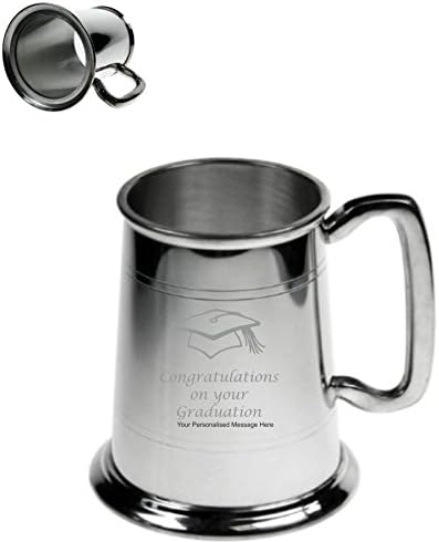 1 Pint Personalised Engraved Double Lined Glass Bottom Pewter Tankard With Graduation Design