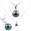 Freshwater Cultured Round Shape 8-8.5mm Black Pearl / 18K White Gold Pendant, 16" Sterling Silver 1MM Cable Chain