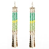 Cute Spring Summer Bright Long Earrings in Gold Tone with Green and Yellow Beads