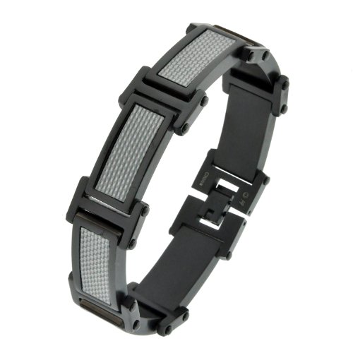Stainless Steel Silver Carbon Fiber and Black Ionic Plating Link Bracelet, 8.5″
