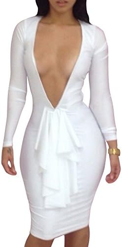 Jollypicks Women's Deep Plunge Neckline Long Sleeve Club Go Back To Wearing Dress White M