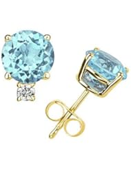 9mm Round Aquamarine and Diamond Stud Earrings in 14K Yellow Gold