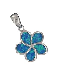 925 Silver Rhodium Blue Opal 15mm Plumeria Pendant Hawaiian Silver Jewelry