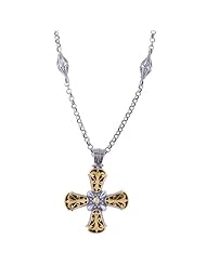 Phillip Gavriel 18K Gold & Sterling Silver Byzantine Filigree Cross Necklace Pendant Chain 18"